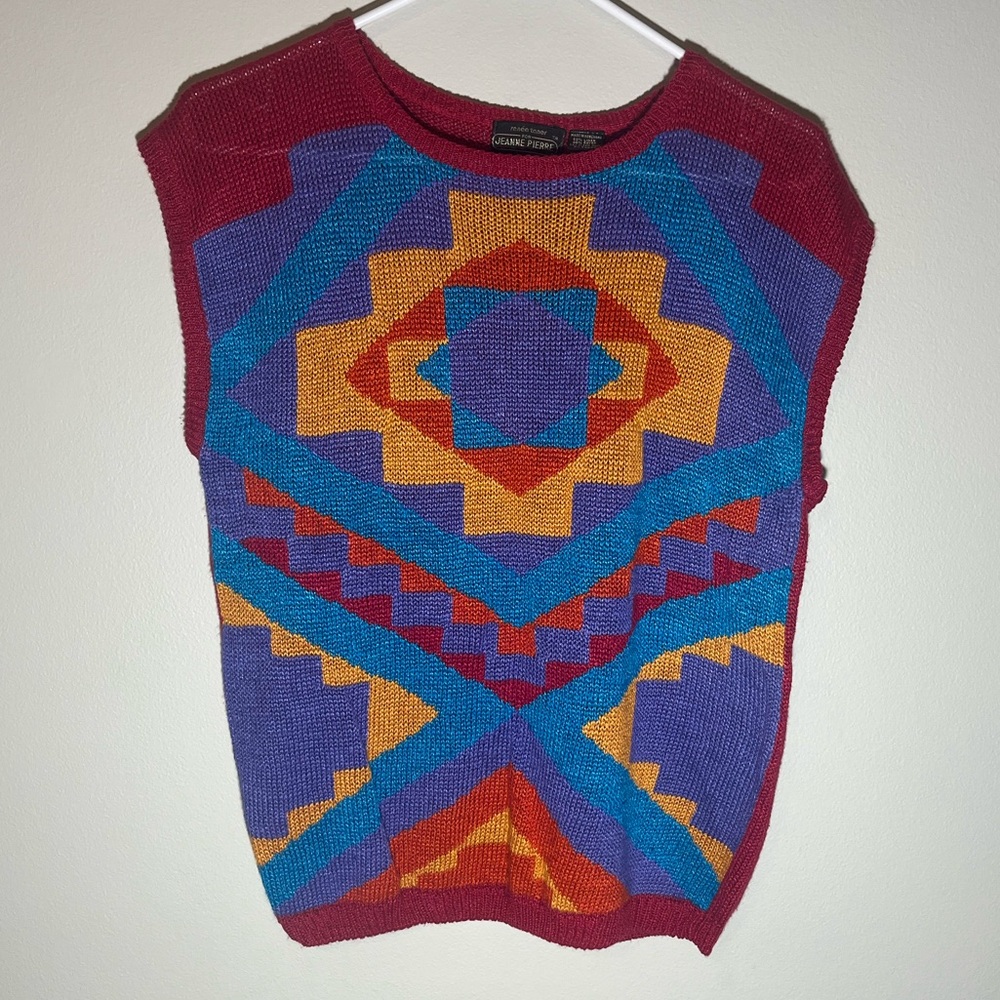 Renee Tener Jeanne Pierre Sweater Vest Red Geometric Size Medium 80s Retro VTG